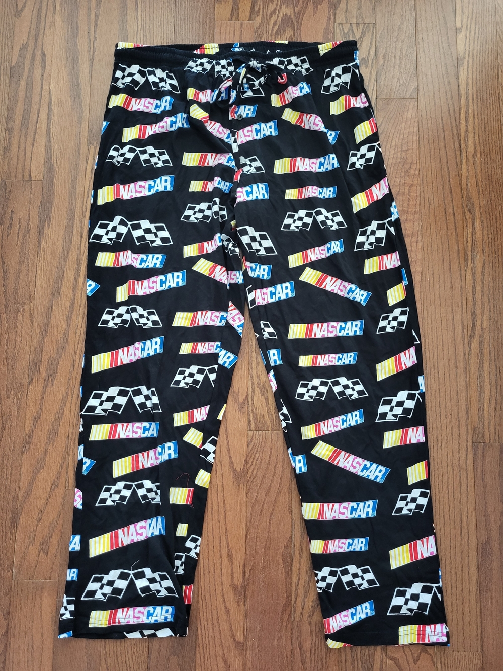 New Nascar Black Pajama Pants with Multi-Color Logos and Checkered Flags